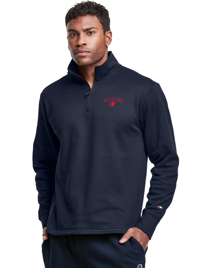 Champion Herre Sweatshirt Mørkeblå - Game Day 1/4 Zip Block Arch Logo - Danmark APL-749306